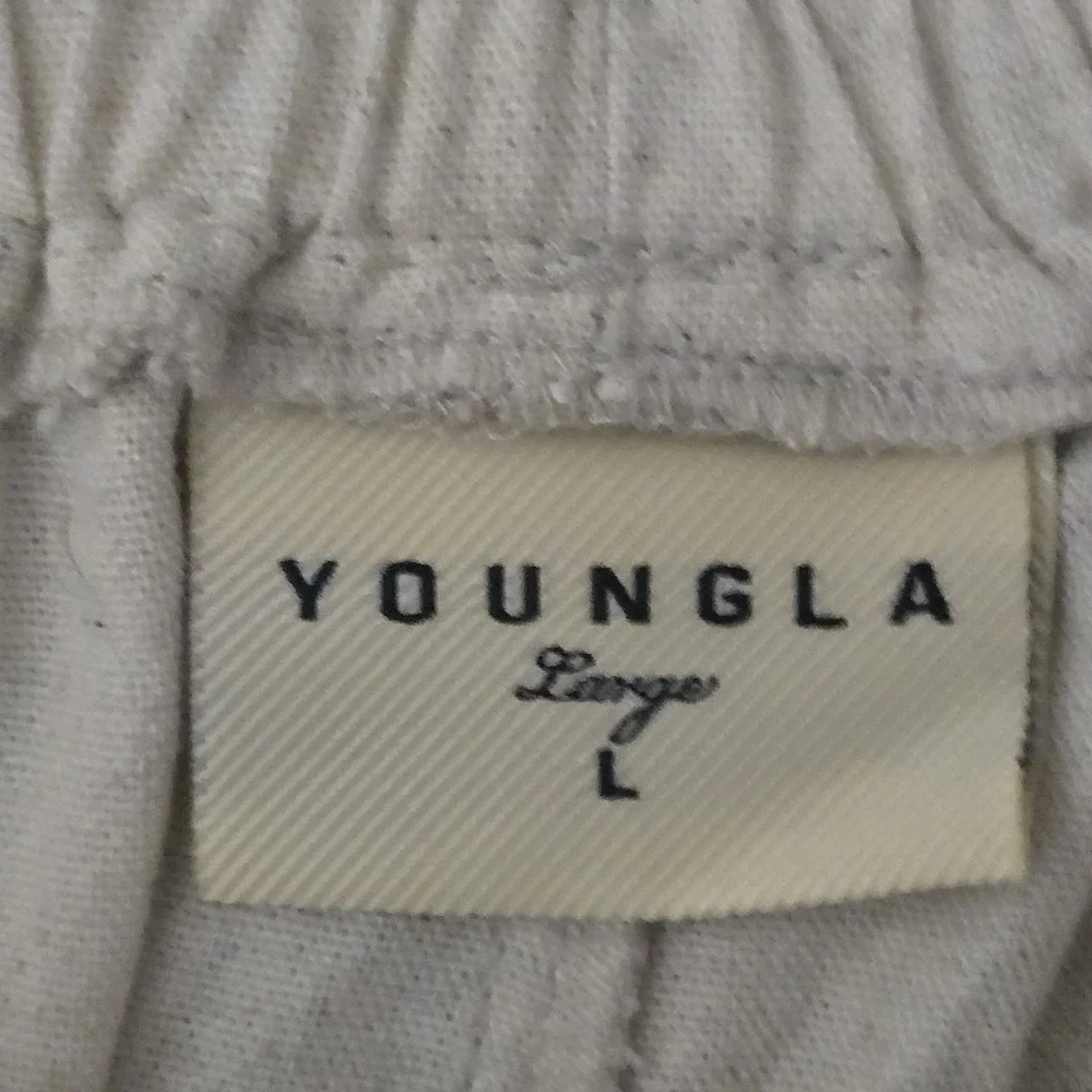 YoungLA L Linen Blend Pants Cream Drawstring Relaxed Straight Leg YLA Mens